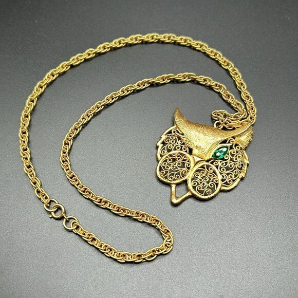 VTG Winking One Green Eyed Cat Pendant Gold Rope Chain Necklace - Picture 5 of 11